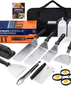 OUII Flat Top Griddle Accessories Set for Blackstone and Camp Chef Griddle - 14 Pieces Set with Griddle Cleaning Kit & Carry Bag! Metal Spatula. Griddle Scraper. Egg Rings for Teppanyaki & Gas Grill