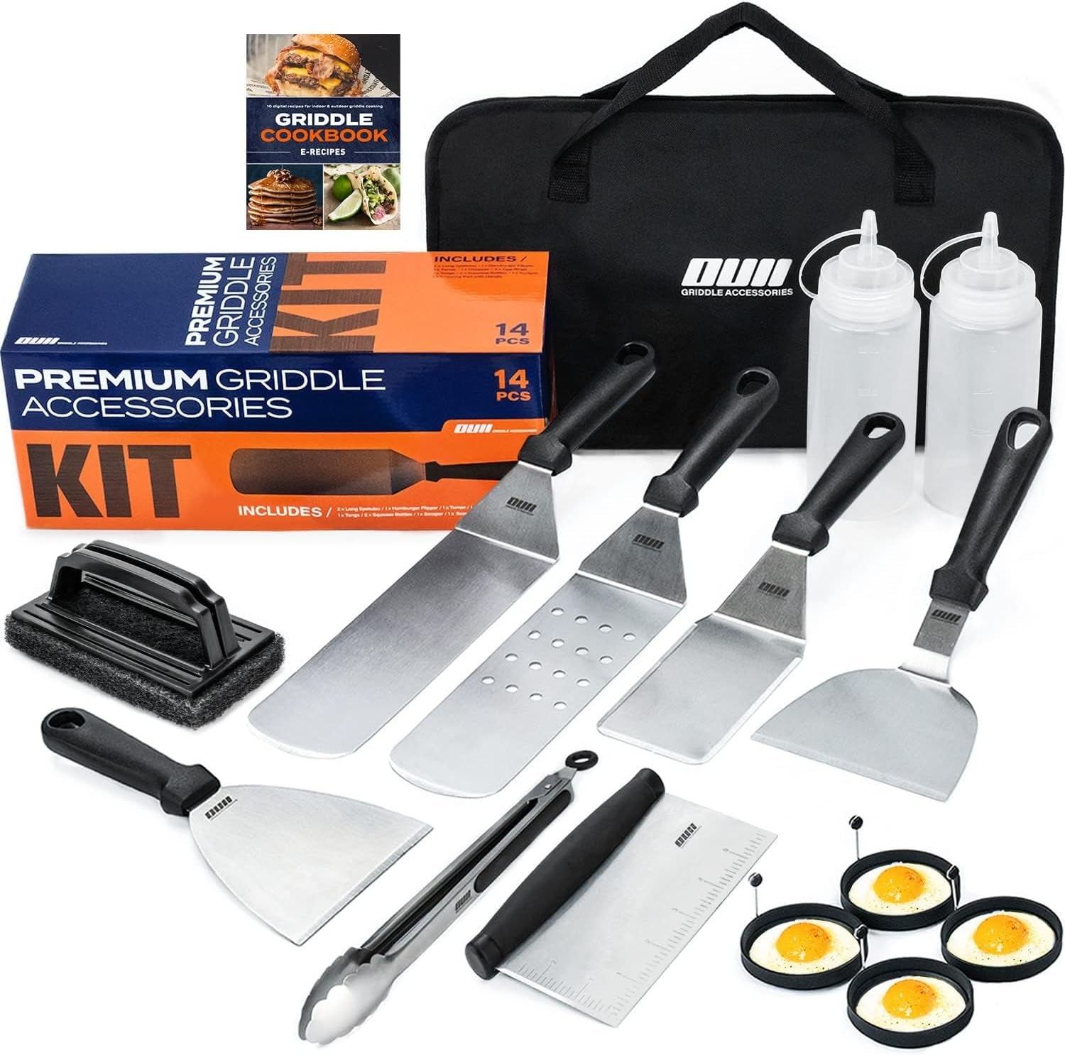 OUII Flat Top Griddle Accessories Set for Blackstone and Camp Chef Griddle - 14 Pieces Set with Griddle Cleaning Kit & Carry Bag! Metal Spatula. Griddle Scraper. Egg Rings for Teppanyaki & Gas Grill