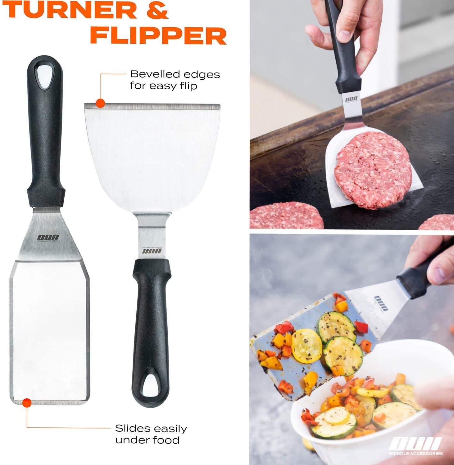 OUII Flat Top Griddle Accessories Set for Blackstone and Camp Chef Griddle - 14 Pieces Set with Griddle Cleaning Kit & Carry Bag! Metal Spatula. Griddle Scraper. Egg Rings for Teppanyaki & Gas Grill - Image 5