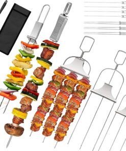 10PCS Kabob Skewers for Grilling.3.Double and Single Pronged Grilling Accessories.304 Stainless Steel Metal Skewers for Kabobs with Push Bar for Quick Release.With Storage Bag and Oil Brush