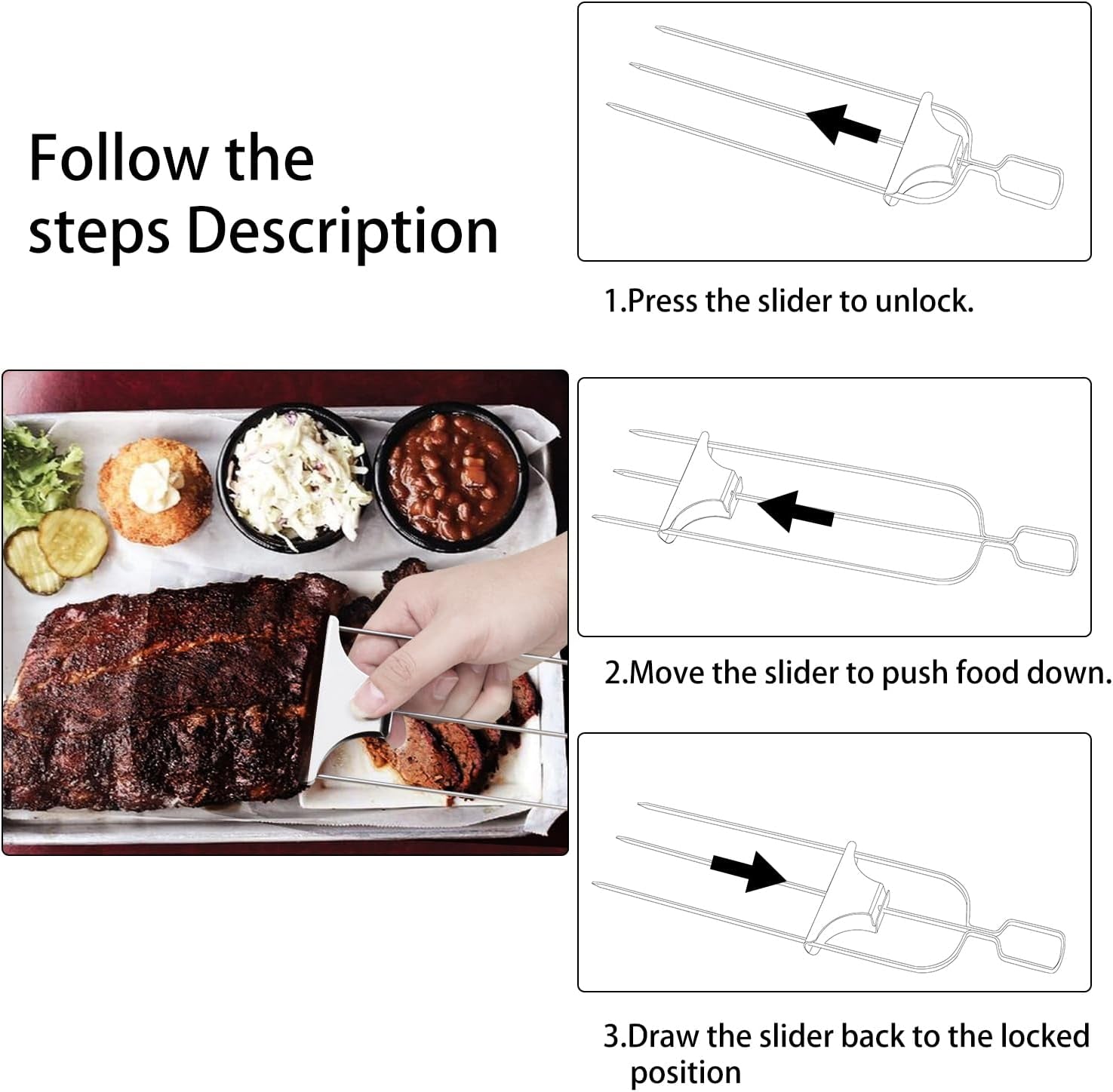 Chuanke 3-Prong Stainless Steel Skewers for BBQ Grilling with Push Bar Slider Easy Food Removal (1) - Image 4