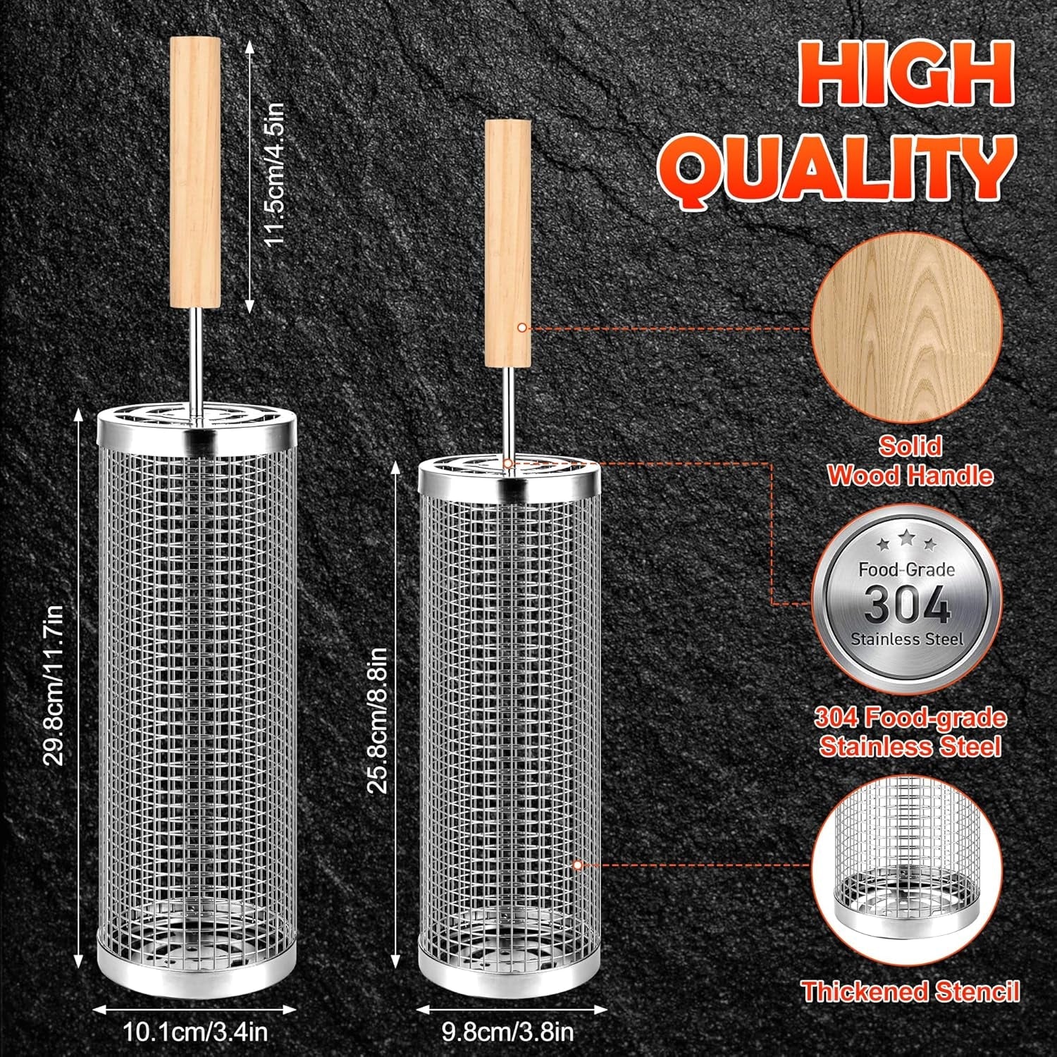 2‑Pack Stainless Steel Rolling Grill Baskets – Locking Handle. Round Design for Fish. Meat & Veggies | BBQ Gift Idea - Image 3