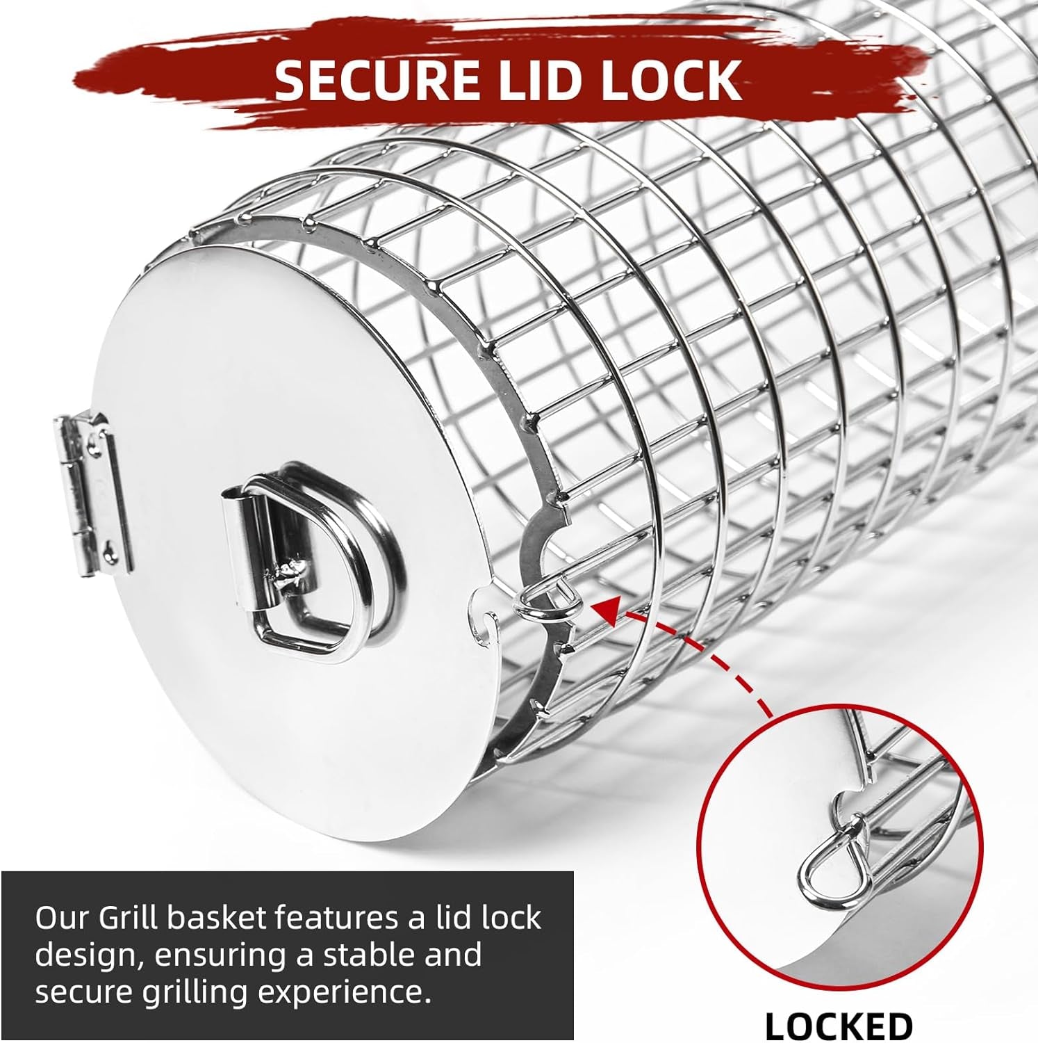 CEBERVICE Rolling Grilling Baskets. SUS304 Stainless Steel. REMOVABLE WOODEN HANDLE. Portable BBQ Outdoor Camping round Cylinder Grilling Rack for Fish. Vegetables. Shrimp. Barbeque Griller Cooking Accessories Gifts for Men. Dad. Father. Husband - Image 4