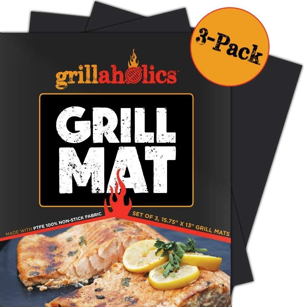 Grillaholics Grill Mat - Set of 3 Heavy Duty BBQ Grill Mats - Non Stick. Reusable and Dishwasher Safe Barbecue Grilling Accessories - Lifetime Manufacturers Warranty