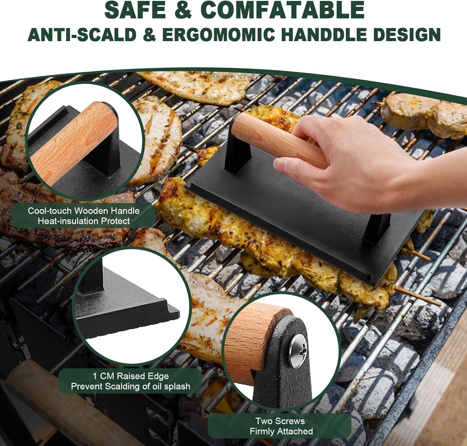 CEKEE 2PCS Burger Press. 7 round & 8.2X 4.3 Rectangle. Heavy-Duty Cast Iron Grill Press with Wood Handle. Smash Burger Press Perfects for Blackstone Griddle. Flat Tops. Grills & Camp Chef - Image 3