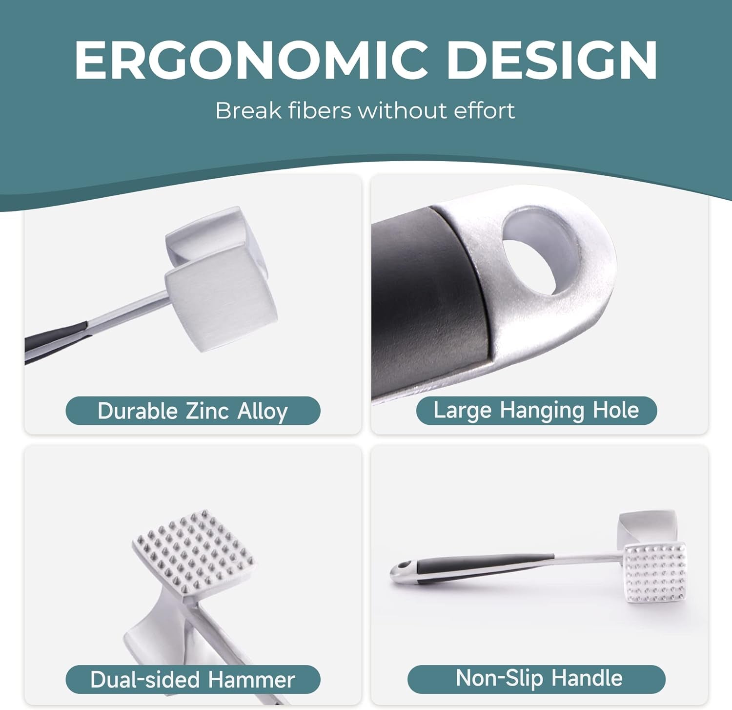 KITEXPERT Meat Tenderizer Hammer with Comfortable-Grip Handle. Dual-Side Mallet for Kitchen. Heavy Duty Pounder for Tenderizing Steak. Beef and Fish - Image 4