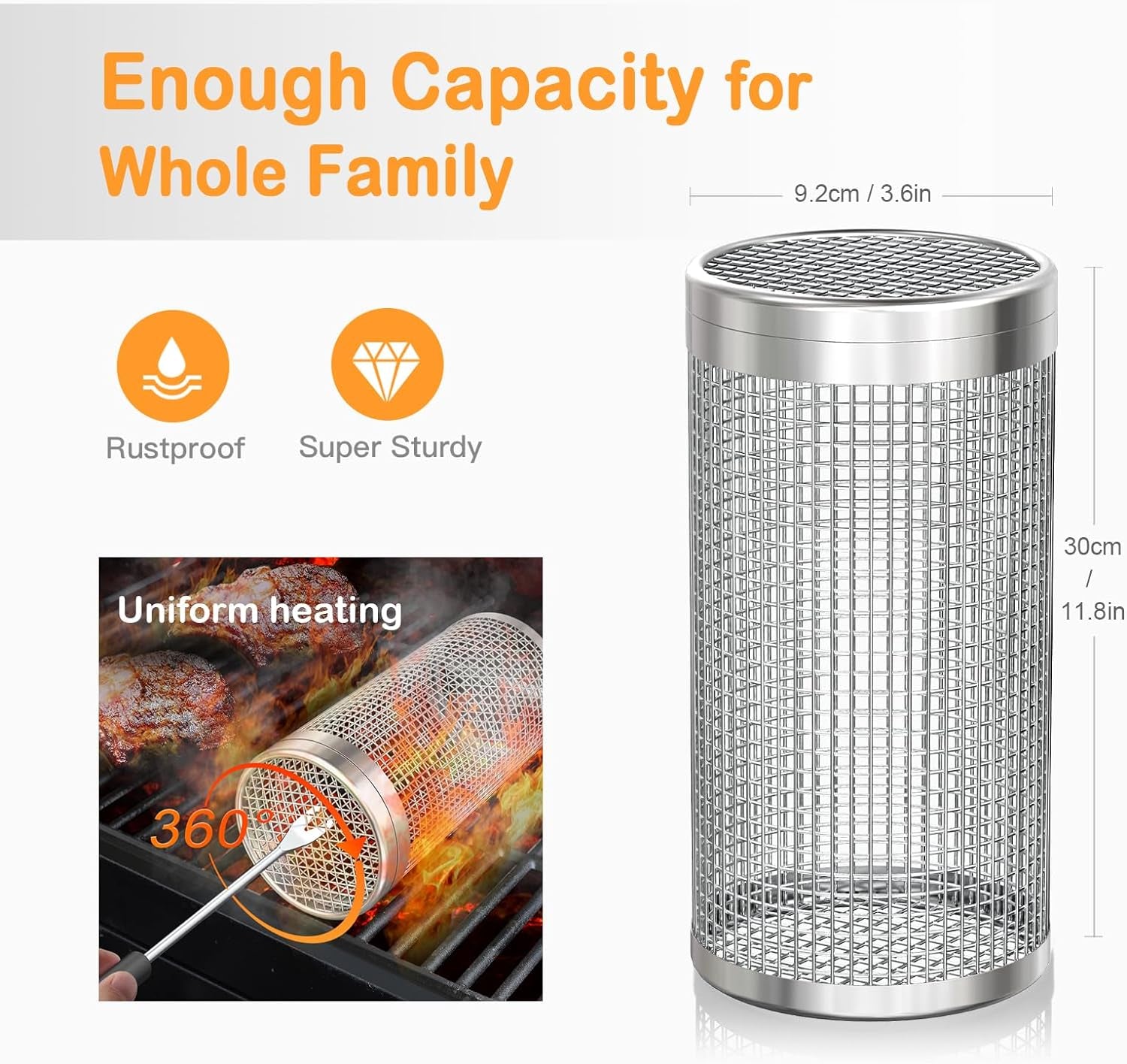 Rolling Grill Baskets. Heavy-Duty 304 Stainless Steel Material. round BBQ Grilling Baskets for Veggies. Fish. BBQ Net Tube Barbeque Vegetable Grill Accessories. Cage Cylinder 2 PACK (Two Large) - Image 2