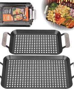 BBQ Grill Topper Grilling Pans (Set of 2) - Non-Stick Barbecue Trays W Stainless Steel Handles - Indoor Outdoor Use for Meat. Vegetables & Seafood - Great for Thanksgiving Dinner - Grill Gift for Men
