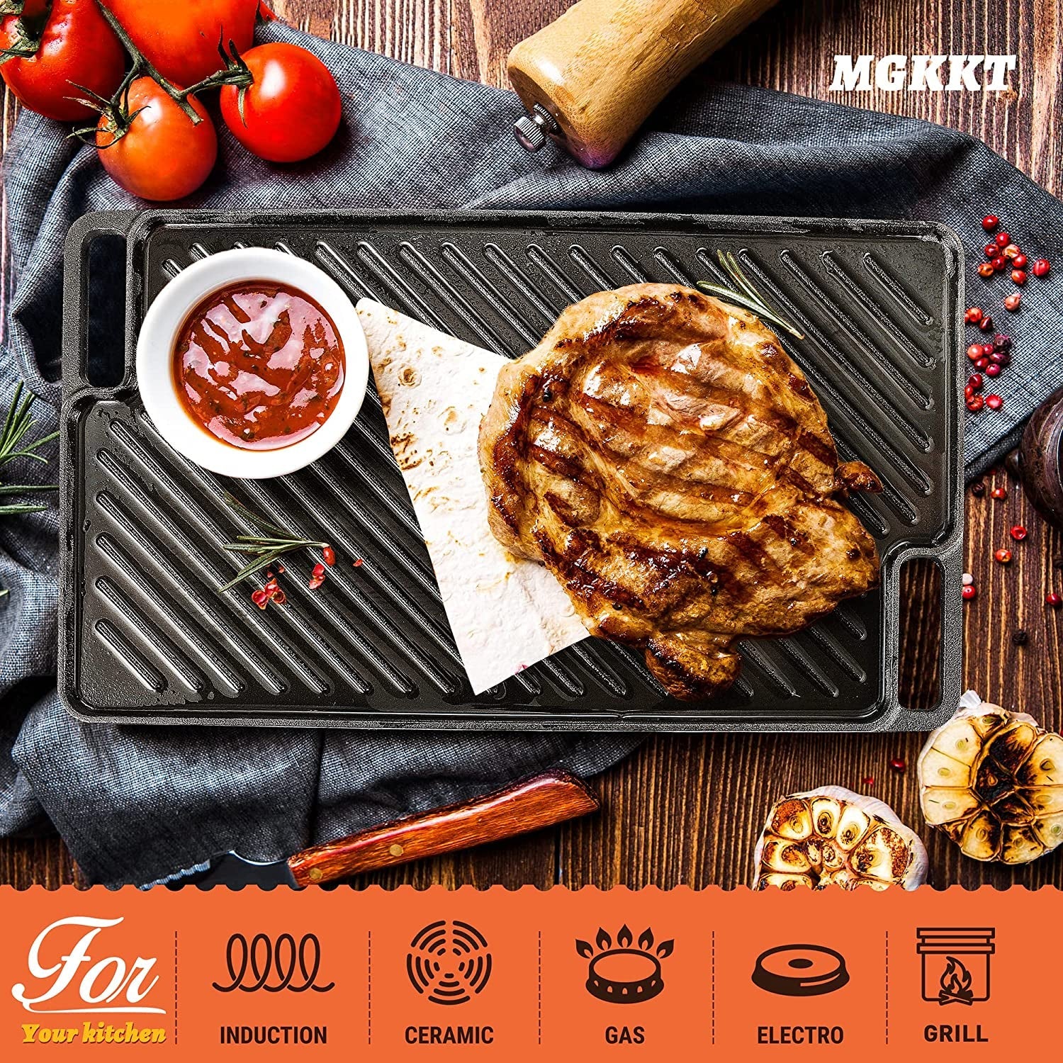 1-Piece 16.50 Inch Cast Iron Griddle Plate | Reversible Pre-Seasoned Cast Iron Grill Pan for Gas Stovetop | Double Sided Used on Open Fire & in Oven | Pre-Coated with Oil - Image 8