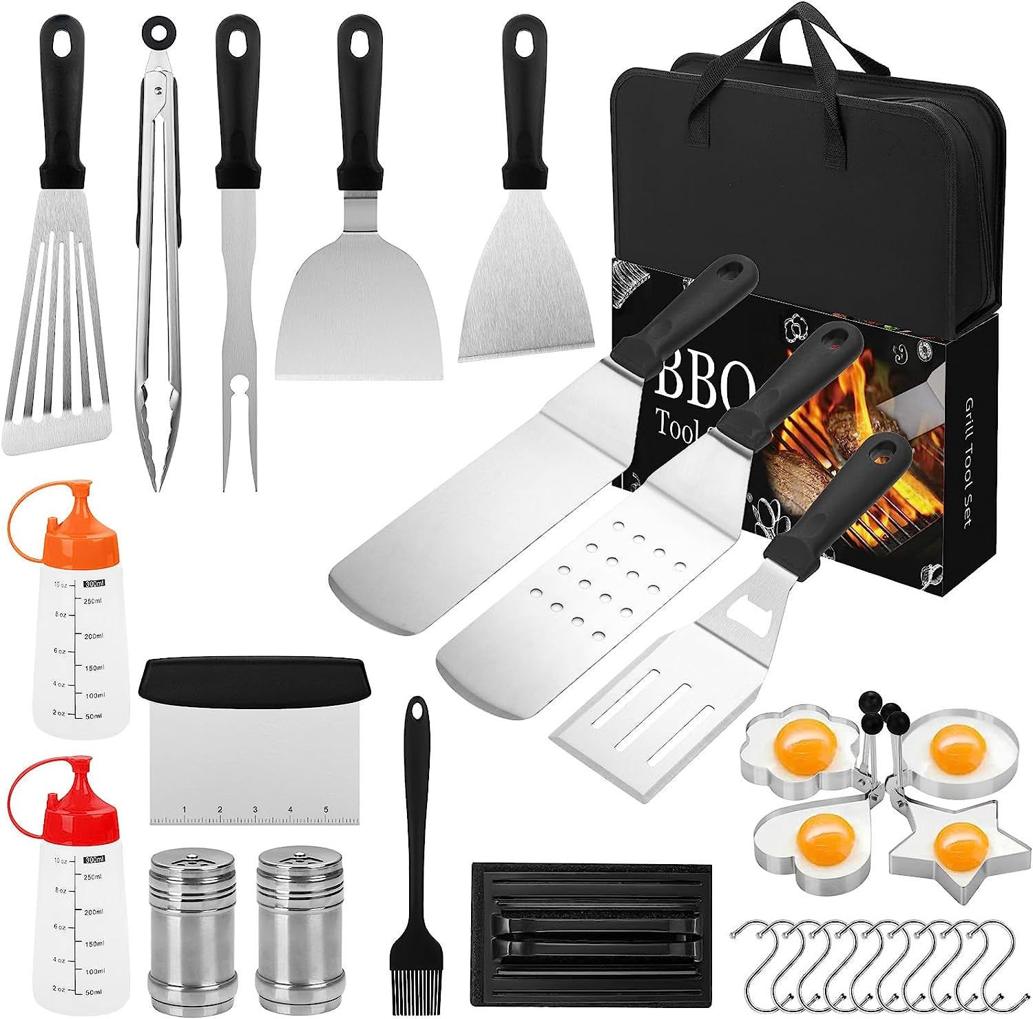 Griddle Accessories Kit. 30PCS Flat Top Grill Accessories Kit for Blackstone and Camp Chef. Stainless Steel Griddle Grill Tools with Enlarged Spatulas. Scraper. Tongs. Carrying Bag for Outdoor BBQ
