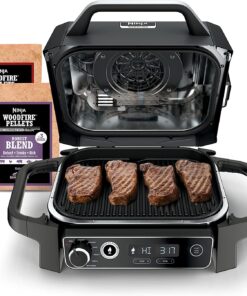 Ninja | Woodfire Series | 7-In-1 (Grill. BBQ. Roast. Air Fry. Dehydrate. Broil. Smoke) | Portable & Weather Resistant | Cook up to 6 Steaks & 30 Hot Dogs | Woodfire Pellets Included | OG701