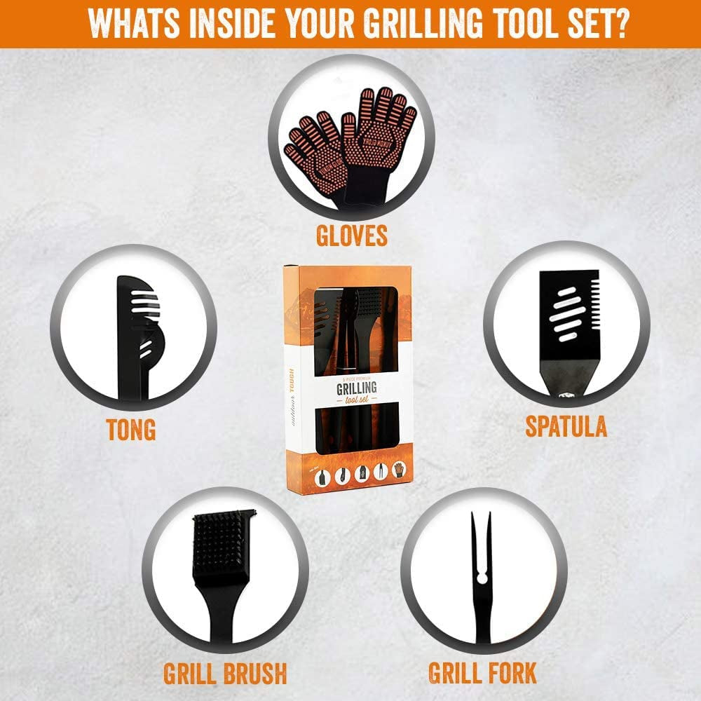 ™ Heavy Duty 5 Piece Grilling Tools Set. Durable Stainless Steel BBQ Accessories. Long Handle 3 in 1 Spatula. Tongs. Brush. Grill Fork. Thick Grilling Gloves. Gift Set - Image 4