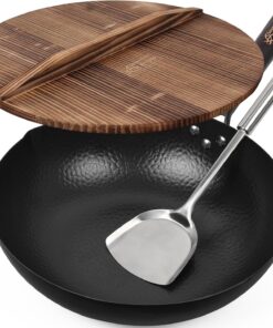 13.4 Inch Carbon Steel Wok for Electric. Induction and Gas Stoves (Lid. Spatula and User Guide Video Included)