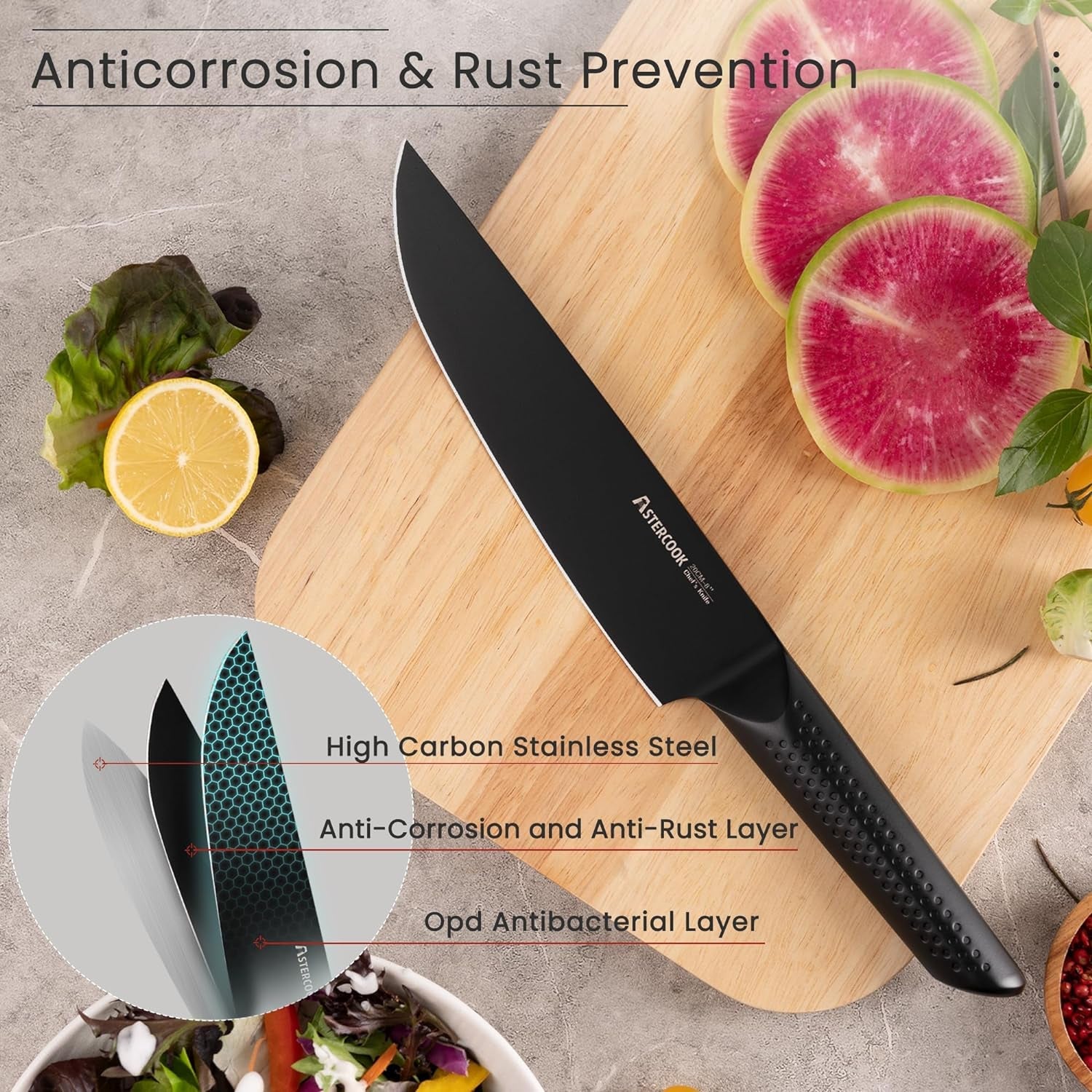 Astercook Knife Set. 15 Pieces Kitchen Knife Sets with Block and Built-In Knife Sharpener. German Stainless Steel Handle One-Piece Design Knives Block Set Dishwasher Safe. Black - Image 5