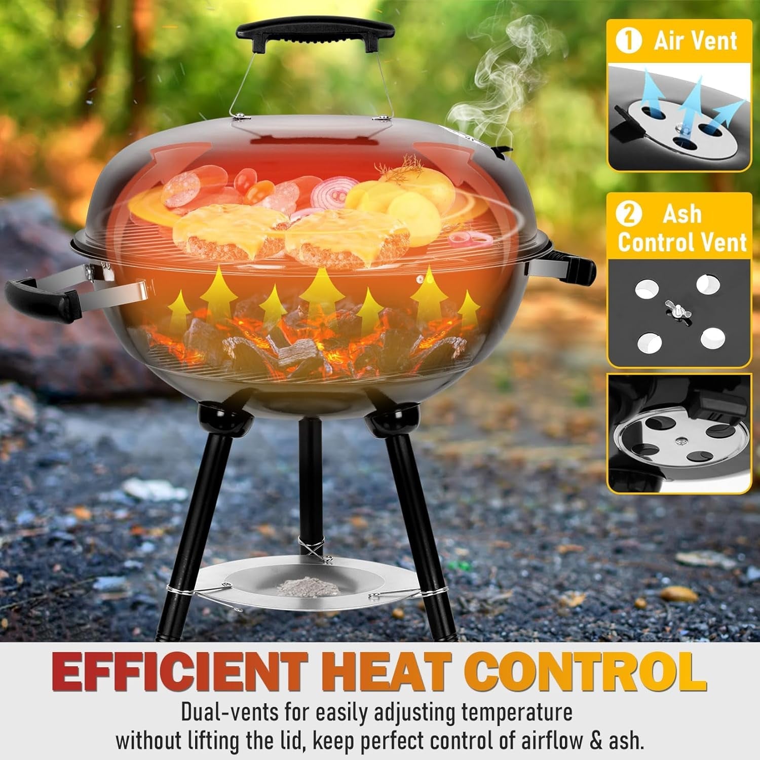 Joyfair Kettle Charcoal Grill (18 Inch). Outdoor Barbecue Grill for Camping/Backyard/Tabletop Grilling. Portable round Smoker with Wheels. Enameled Lid & Fire Bowl. Dual Venting System. Black - Image 5