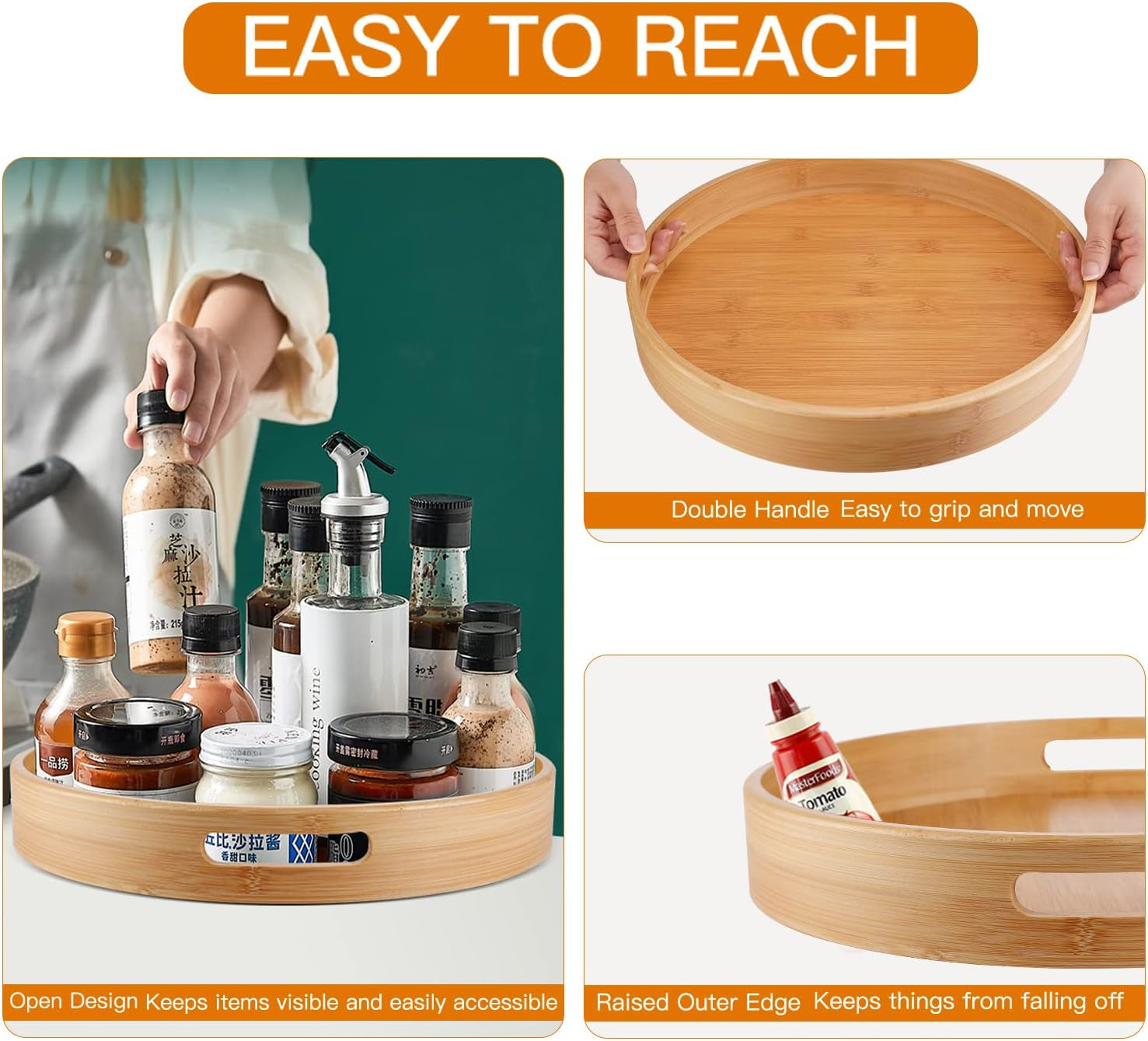 14 Bamboo Lazy Susan Organizer – Round Turntable with Double Handles for Table. Kitchen. Pantry & Spice Storage - Image 4