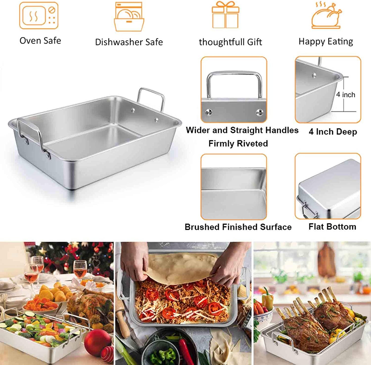 Teamfar Roasting Pan. 15 Inch Large Turkey Roaster Lasagna Pan with V Rack & Cooling Rack Set Stainless Steel for Thanksgiving Christmas. Healthy & Heavy Duty. Deep Side & Dishwasher Safe - 3 PCS - Image 5