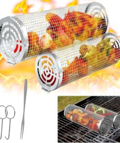 Feniola Rolling Grilling Basket - 2 PCS round Stainless Steel Grill Net for Outdoor Grill for Vegetables. Meat - BBQ Accessories Included
