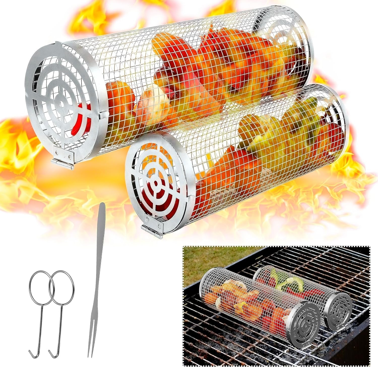 Feniola Rolling Grilling Basket - 2 PCS round Stainless Steel Grill Net for Outdoor Grill for Vegetables. Meat - BBQ Accessories Included