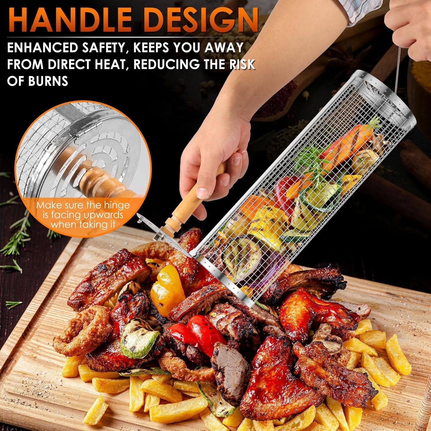 Rolling Grill Baskets for Outdoor Grill. Nesting Grill Baskets with Wood Handle Stainless Tube round Rolling Grill Net Rolling Basket for BBQ Cooking Camping - Image 8