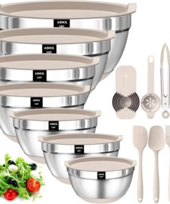 20‑Piece Stainless Steel Mixing Bowls with Airtight Lids – Non‑Slip Silicone Bottom. Nesting Set (Khaki)