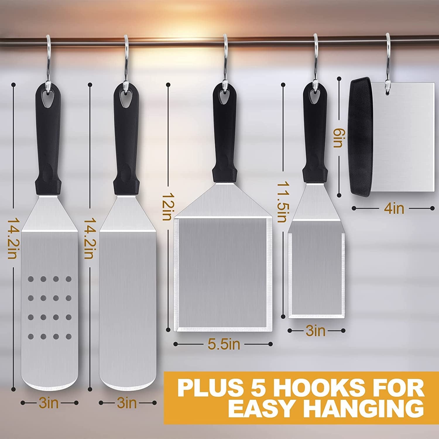 Griddle Accessories Kit of 5. Hasteel Heavy Duty Metal Spatula. Professional Stainless Steel Flat Top Griddle Tools Set. Pancake Flipper/Griddle Scraper/Hamburger Turner for BBQ Grilling Cast Iron - Image 2