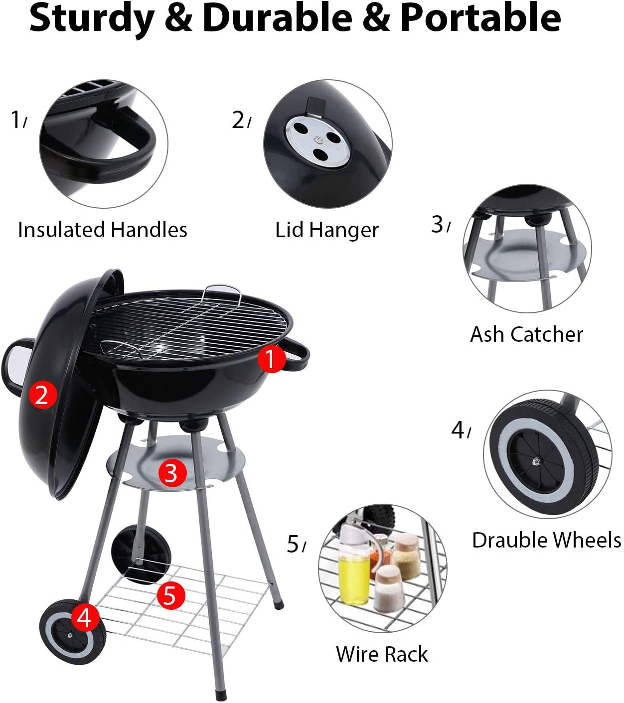 Charcoal Grill 18 Inch Barbecue Grill for Outdoor Courtyard Picnic Camping Tailgating BBQ Kettle - Image 3
