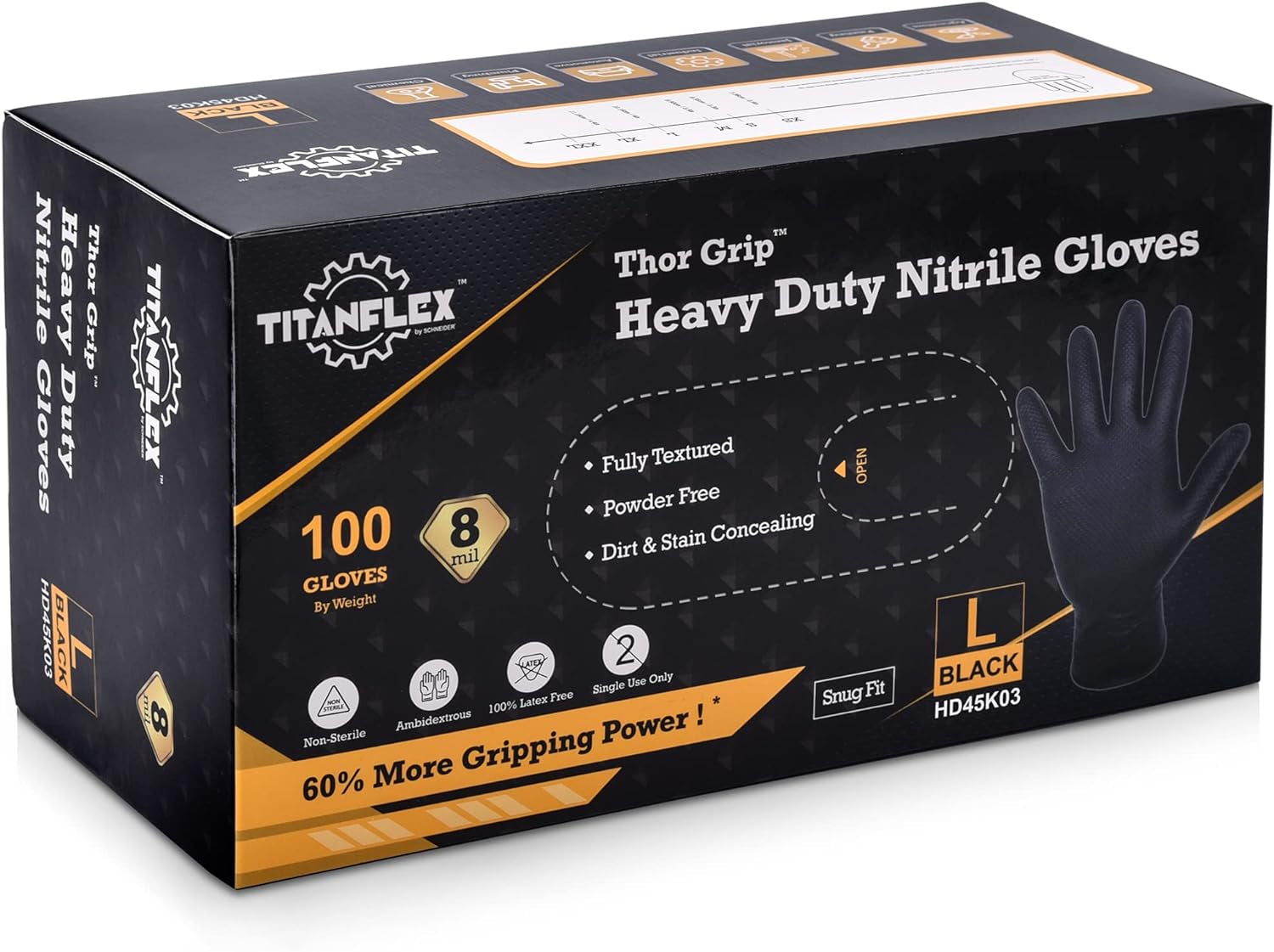 Thor Grip Heavy Duty Black Industrial Nitrile Gloves with Raised Diamond Texture. 8-Mil. Latex Free. 100-Ct Box - Image 2