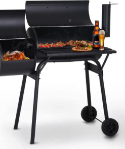 Charcoal Grills Outdoor BBQ Grill Offset Smoker with Wheels Side Fire Box Portable Barbecure Grill for Outdoor Cooking Backyard Camping Picnics.Black