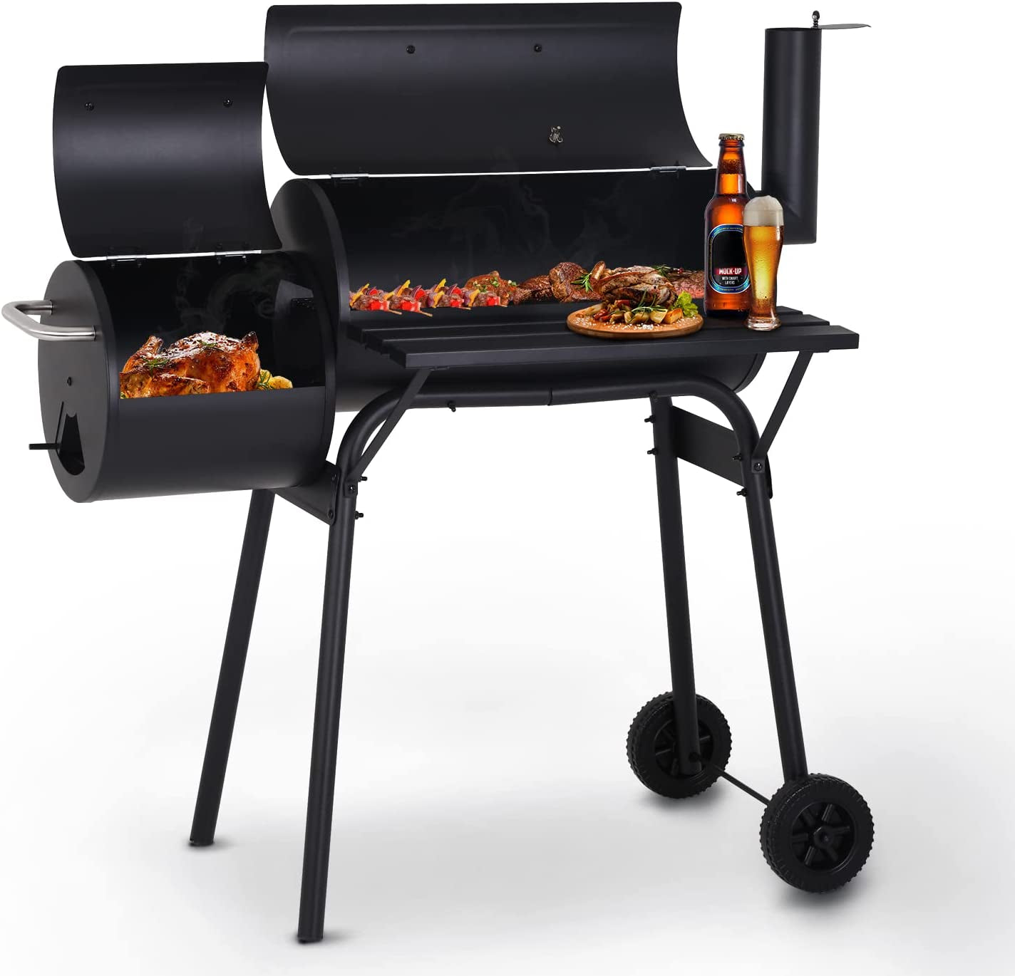 Charcoal Grills Outdoor BBQ Grill Offset Smoker with Wheels Side Fire Box Portable Barbecure Grill for Outdoor Cooking Backyard Camping Picnics.Black