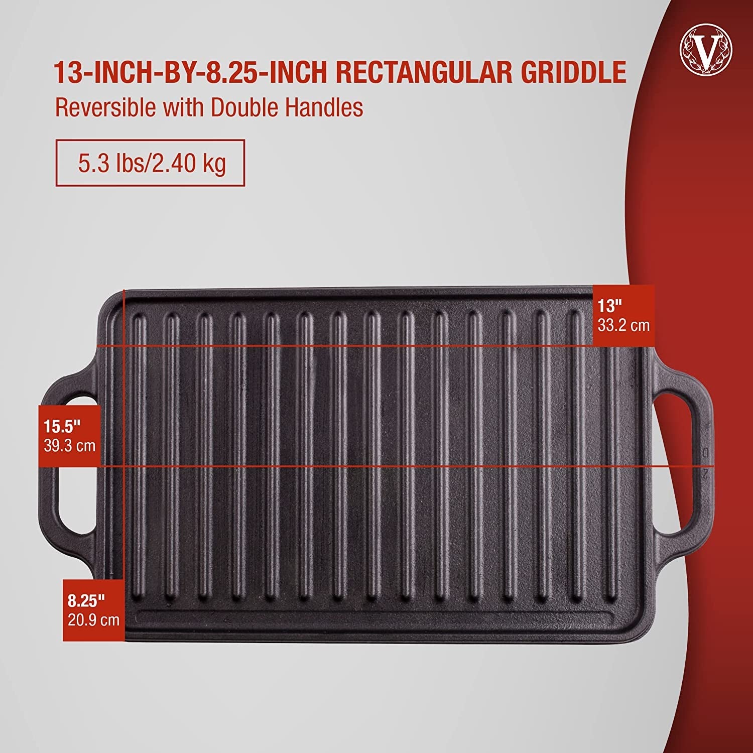 Rectangular Cast Iron Griddle. Double Burner Griddle. Reversible Griddle Grill. 13 X 8.5 Inch. Seasoned with 100% Kosher Certified Non-Gmo Flaxseed Oil. Model: GDL-189 - Image 6