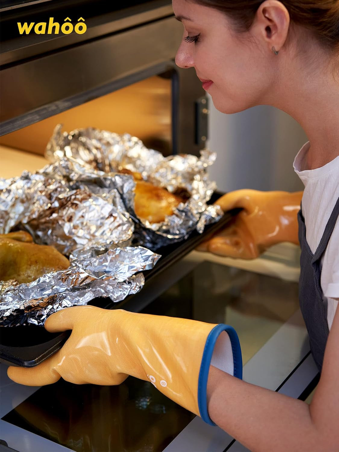 Wahoo Liquid Silicone Smoker Oven Gloves. Food-Contact Grade. Heat Resistant Gloves for Cooking. Grilling. Baking. Yellow. L/9 - Image 5