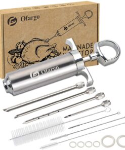 Ofargo 304-Stainless Steel Meat Injector Syringe Kit with 4 Marinade Needles for BBQ Grill Smoker. 2-Oz Large Capacity. Both Paper User Manual and E-Book Recipe