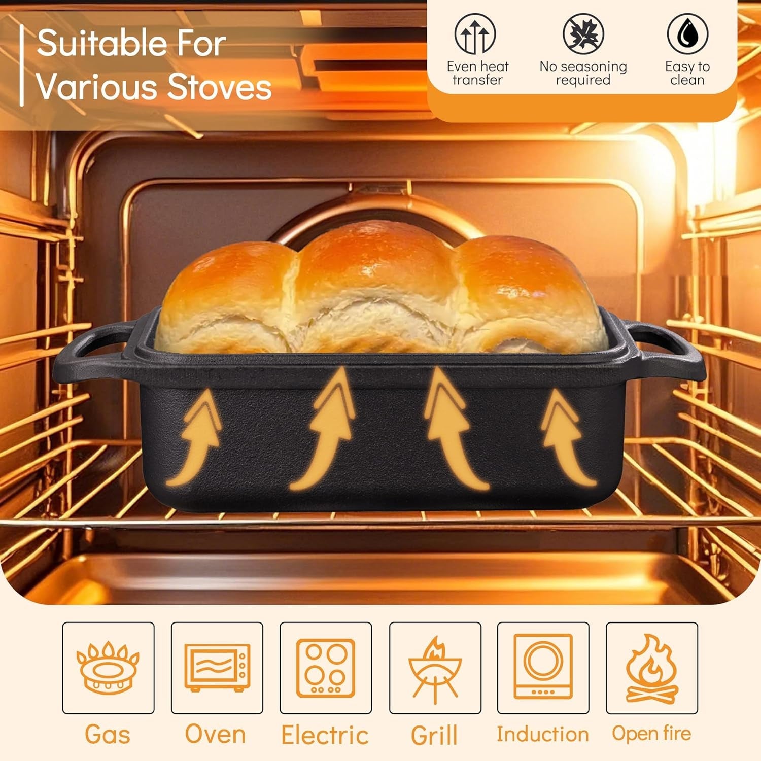 Grmimosa 2 in 1 Cast Iron Bread Loaf Pan with Lid. Loaf Pans for Baking Bread 9X5. Even Heat Distribution for Meatloaf. Homemade Bread - Image 4