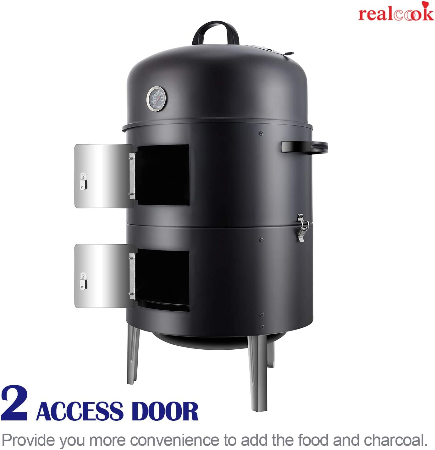 Realcook Vertical 17 Inch Steel Charcoal Smoker. Heavy Duty round BBQ Grill for Outdoor Cooking. Black - Image 8