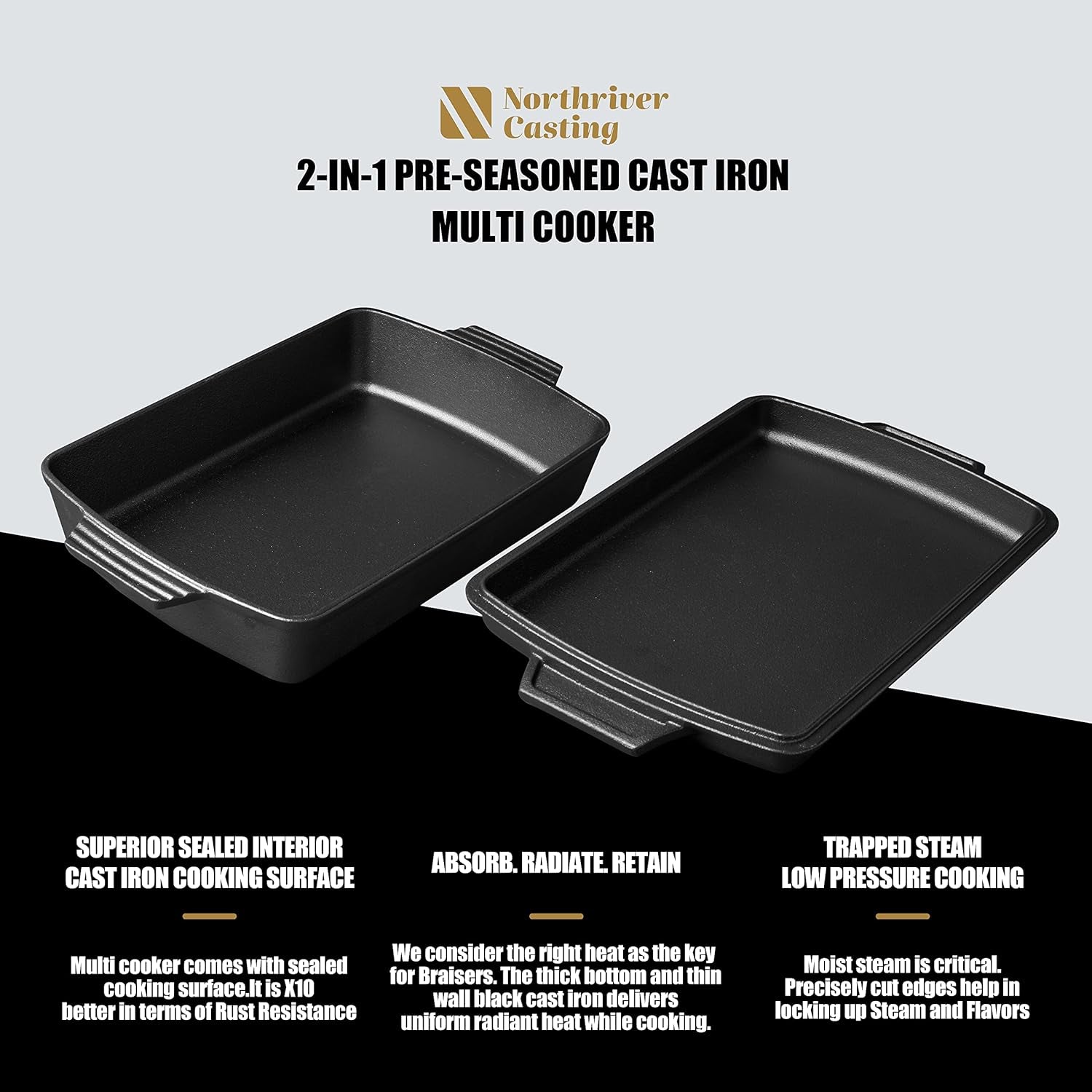 2-In-1 Pre Seasoned Cast Iron Dutch Oven with Skillet Lid.Casserole Dish.Rectangular Baking Pan.Griddle Pot Set. 6QT. 9X13 - Image 3