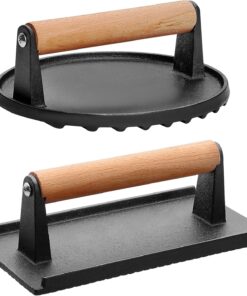 CEKEE 2PCS Burger Press. 7 round & 8.2X 4.3 Rectangle. Heavy-Duty Cast Iron Grill Press with Wood Handle. Smash Burger Press Perfects for Blackstone Griddle. Flat Tops. Grills & Camp Chef