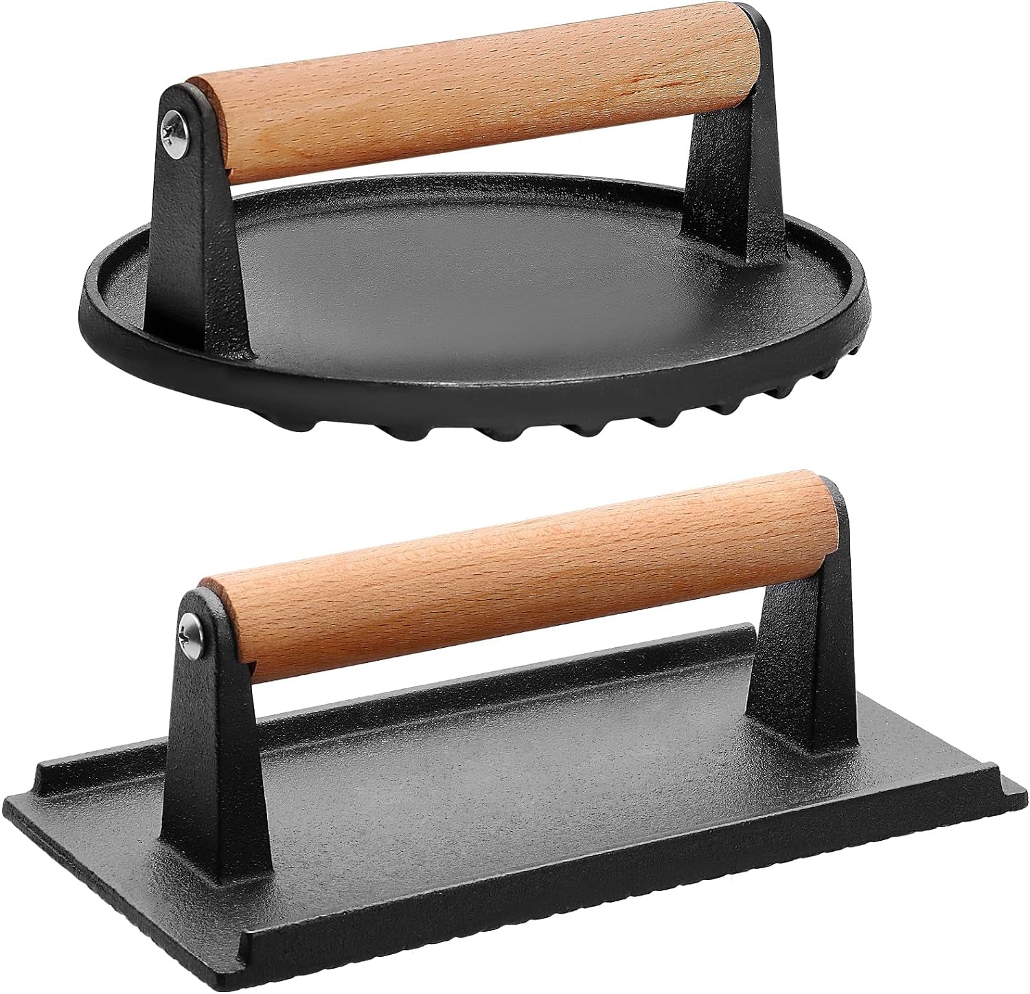 CEKEE 2PCS Burger Press. 7 round & 8.2X 4.3 Rectangle. Heavy-Duty Cast Iron Grill Press with Wood Handle. Smash Burger Press Perfects for Blackstone Griddle. Flat Tops. Grills & Camp Chef