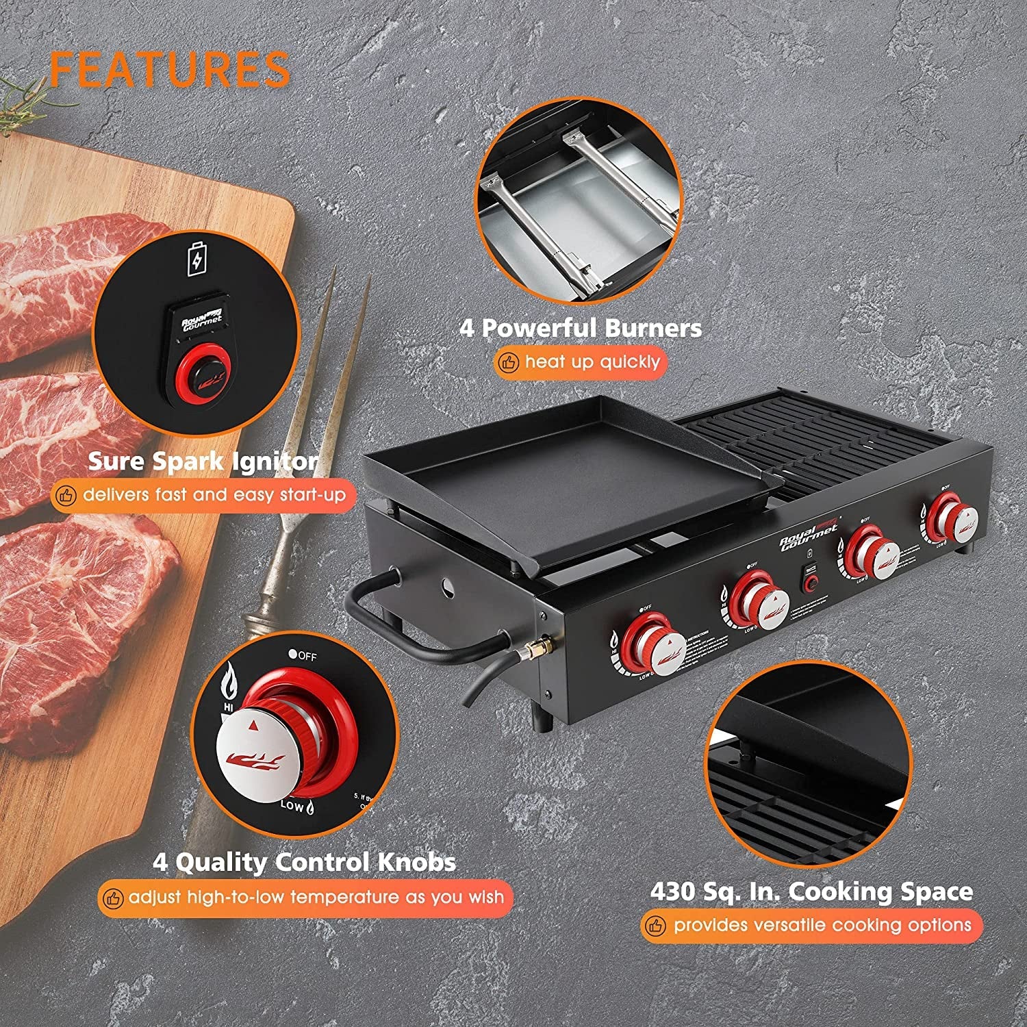 GD4002T Tailgater Tabletop Gas Grill Griddle. 4-Burner Portable Propane Grill Griddle Combo. for Backyard or Outdoor BBQ Cooking. 40.000 BTU. Black - Image 7