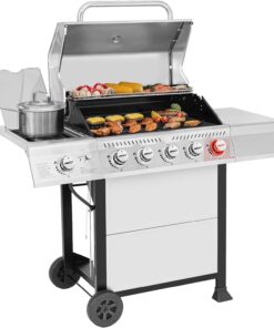 GA5401T 5-Burner BBQ Propane Grill with Sear Burner and Side Burner. Stainless Steel Barbecue Gas Grill for Outdoor Patio Garden Picnic Backyard Cooking. 64.000 BTU. Silver
