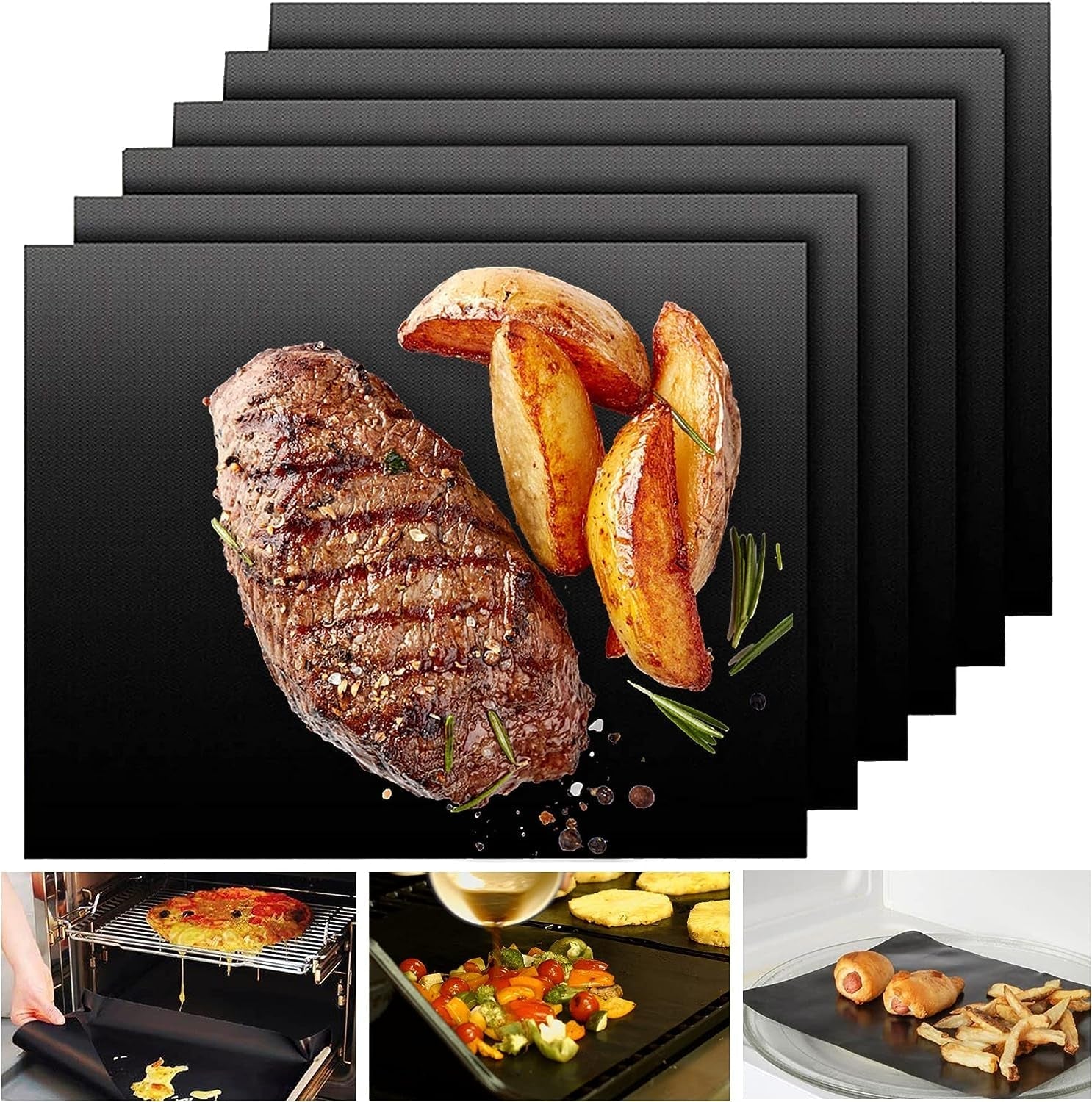 Ubeesize Grill Mats for Outdoor Grill Set of 6 - Heavy Duty Non-Stick BBQ Grilling Mat & Oven Liner. Reusable. Easy to Clean - Works on Oven. Gas. Charcoal. and Electric BBQ - 15.75 X 13 Inch
