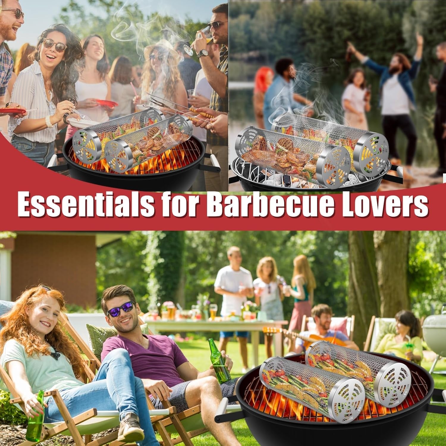 Grill Basket 2 PCS. Rolling Grill Baskets for Outdoor Grill. Grilling Accessories. Stainless Steel BBQ Net Tube Baskets with Oil Sprayer for Veggies. Shrimp. Grilling Gifts for Men - Image 7