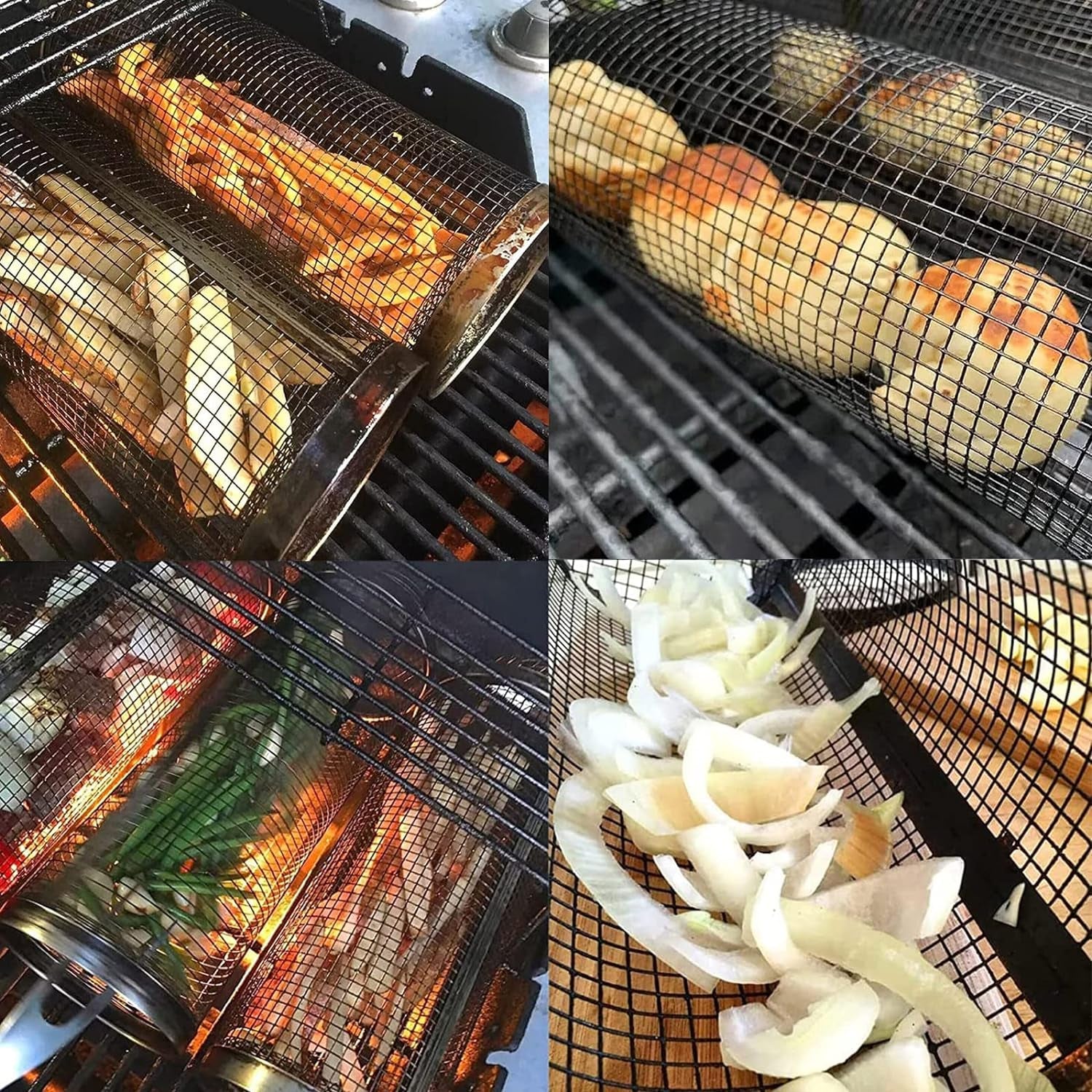 JAYUNSHY Stainless Steel Barbecue Cooking Grill Grate with Cleaning Brush. 12 Inch Rolling Grilling Basket Vegetable Grill Basket round BBQ Grill Mesh Portable Outdoor Camping BBQ Rack - Image 4