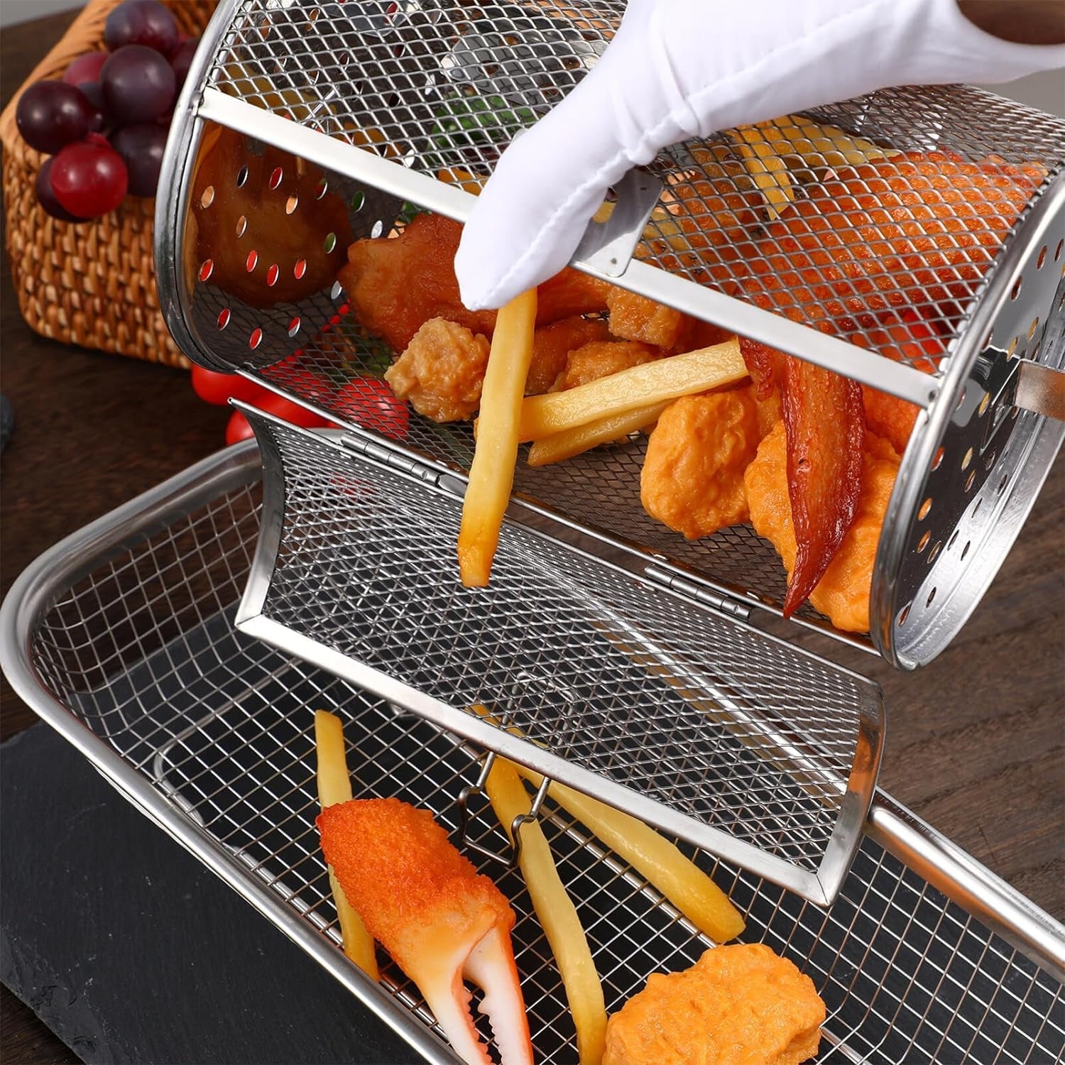 Angoily Oven Crisper Basket Rotating Grilled Cage Drum Oven Basket Kitchen Rolling Grill Basket Oven Roast Basket Roast Baking Cage for Barbecue Camping Outdoor Supplies Rotisserie Grill Basket - Image 5