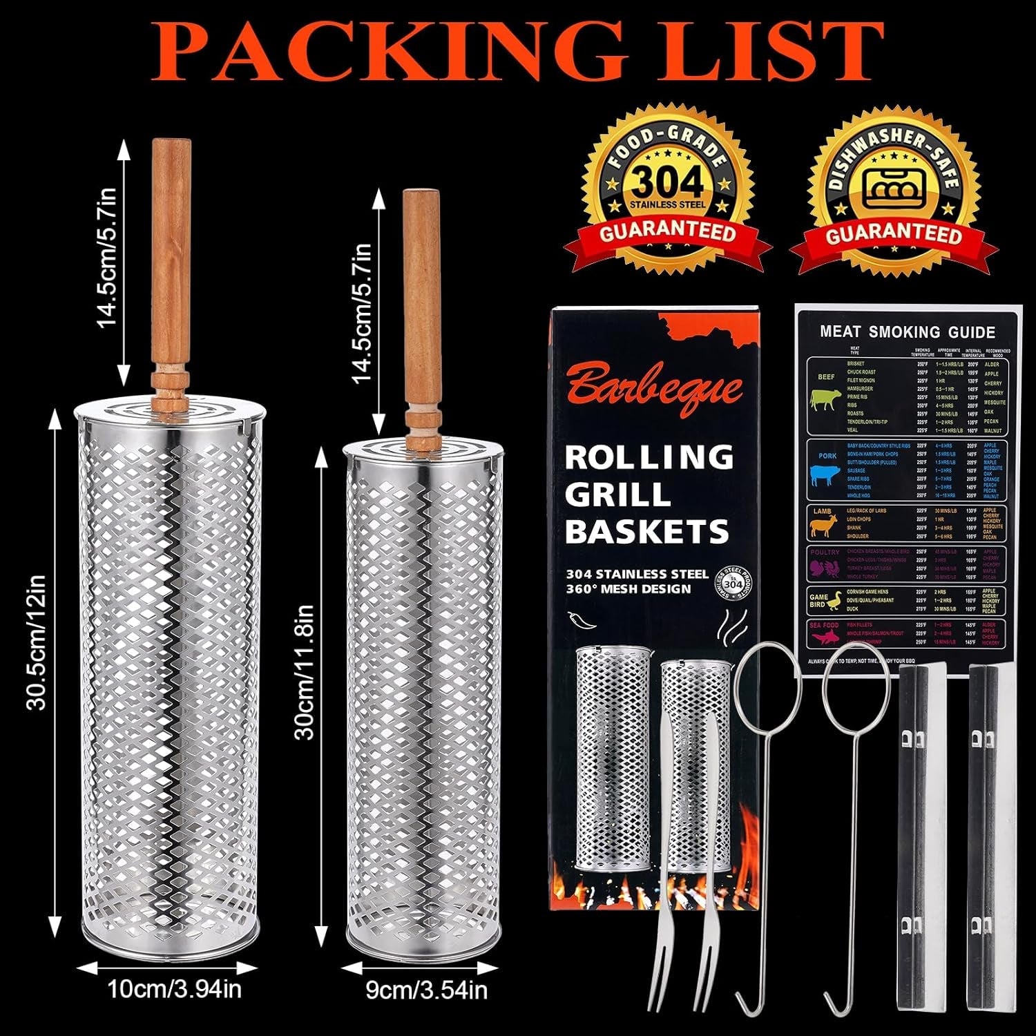 Rolling Grill Baskets(2 PCS).304 Stainless Steel with Removable Wooden Handle. Rolling Grilling Net for Vegetables. Shrimp. Fish. BBQ Accessories for Outdoor Cooking. Camping. Birthday Gifts for Men. Dad. Husband - Image 2