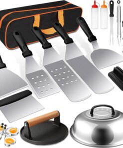 Griddle Accessories Kit. Terlulu 29 PCS Flat Top Grill Accessories for Blackstone and Camp Chef. Metal Spatula Set with Burger Press. Melting Dome. Scraper. Tongs. Carry Bag for Outdoor Grilling BBQ
