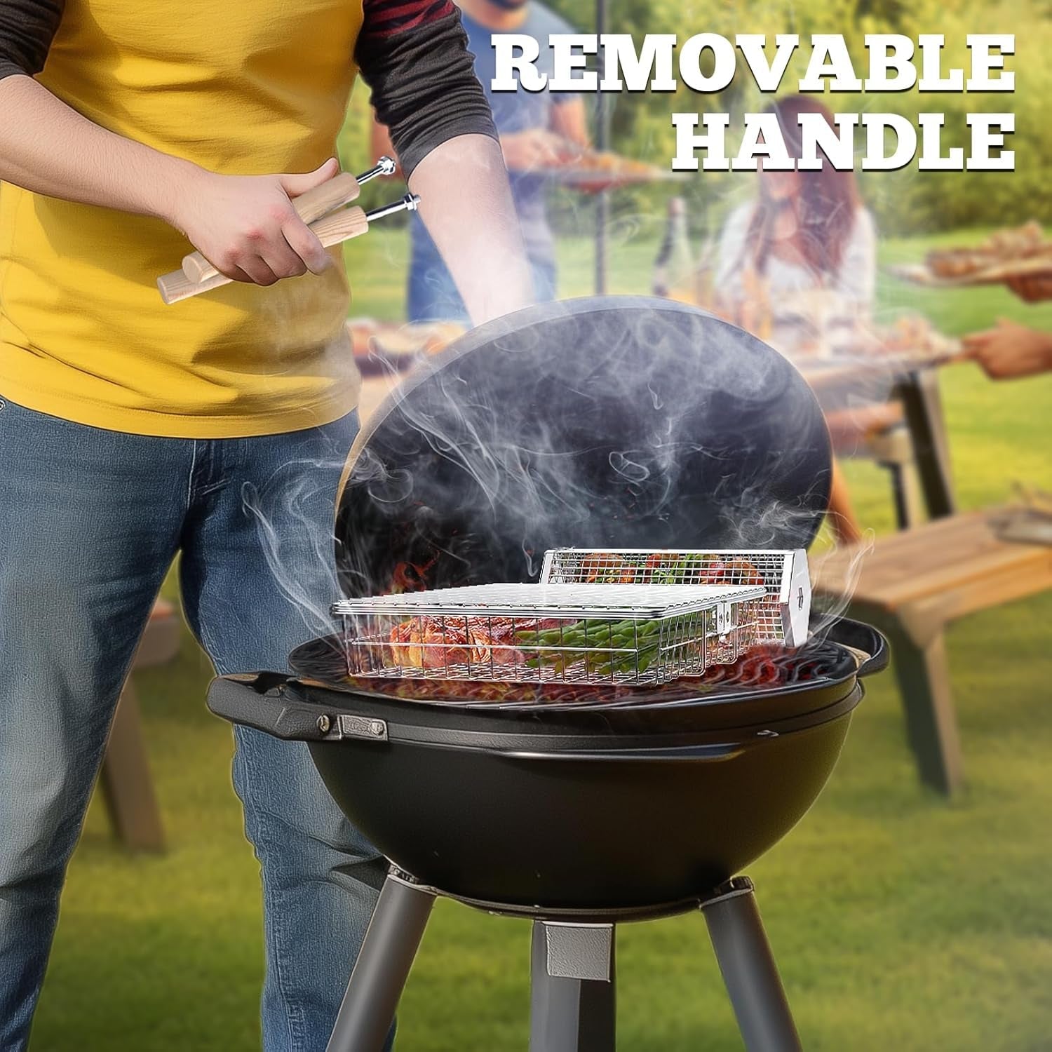 Grill Basket Set(Rectangular+Hexagon). Removable Wooden Handle. 304 Stainless Steel. Rolling Grilling Net. BBQ Accessories Tools for Vegetables Shrimp. Outdoor Cooking Camping. Birthday Gifts for Men Dad Husband - Image 5