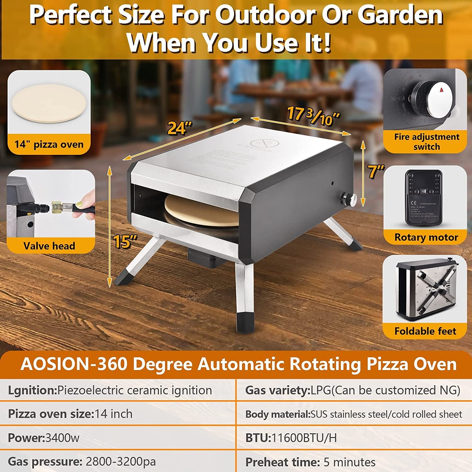 -Outdoor Gas Pizza Oven. Rotating Propane Pizza Grill Oven for Exterior Backyard Pizza Maker with 14 Pizza Stone. Portable Pizza Ovens for outside with Pizza Peel.Pia.Cutter.Gloves and Thermometer. - Image 5