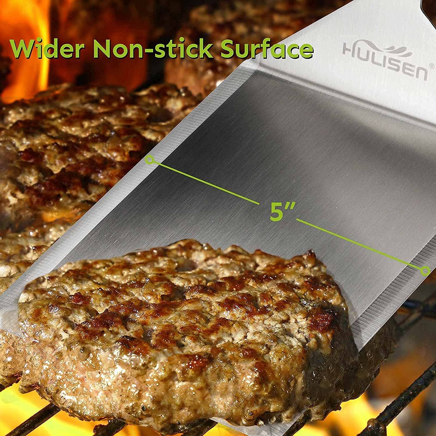 HULISEN Stainless Steel Large Grill Spatula - 6 X 5 Inch Heavy-Duty Metal Spatula with Cutting Edges. Kitchen Griddle Accessories. Smashed Burger Turner Scraper for BBQ Grill and Flat Top Griddle - Image 2