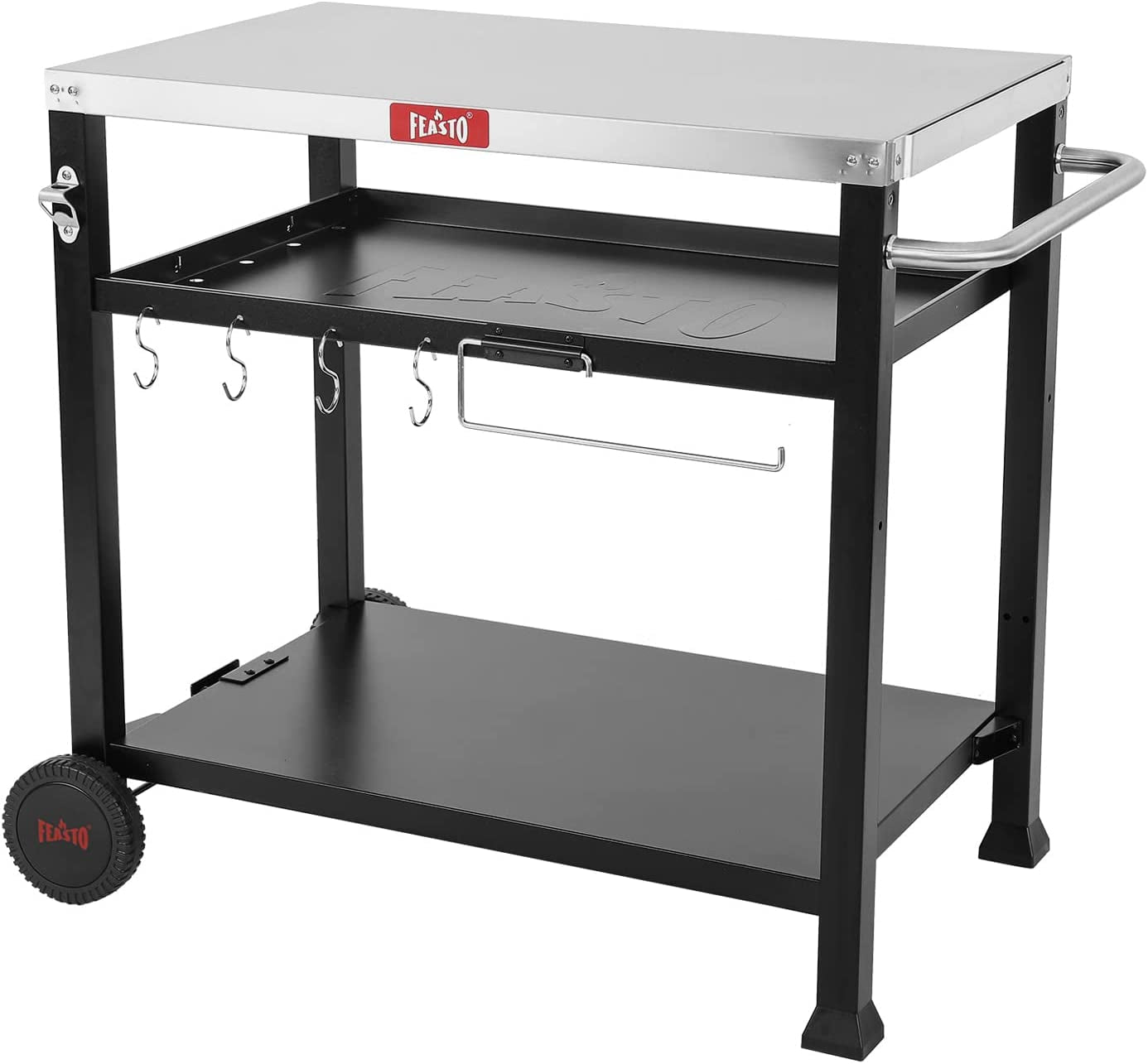 3-Shelf Movable Food Prep and Pizza Oven Table. BBQ Grilling Table. Home & Outdoor Multifunctional Stainless Steel Table Top Worktable on 2 Wheels. L39.5 X W25.6 X H33